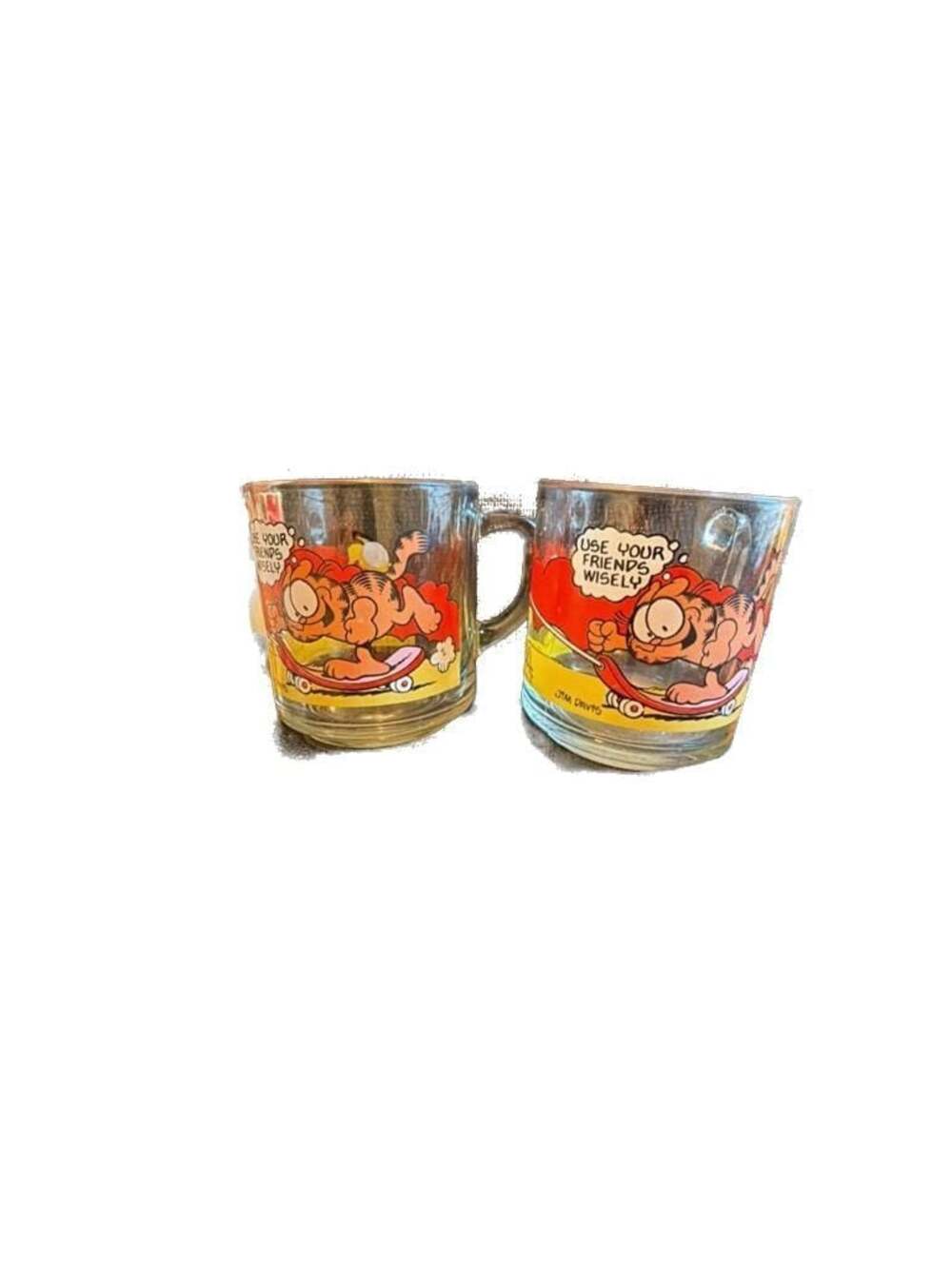 Pair of Vintage 1978 McDonald's Garfield Glass Mugs Use Your Friends Wisely